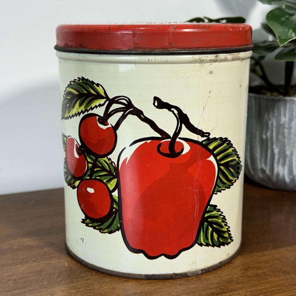 Vintage Ballonoff Canister Tin Red Apple Cherry Fruit Kitchen Storage Cleveland